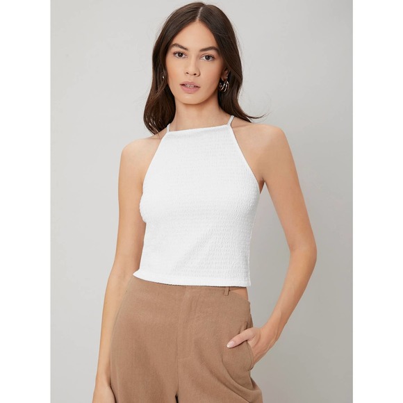 ruched SMOCKED DRAWSTRING backless CAMI crop TOP black - Picture 3 of 11